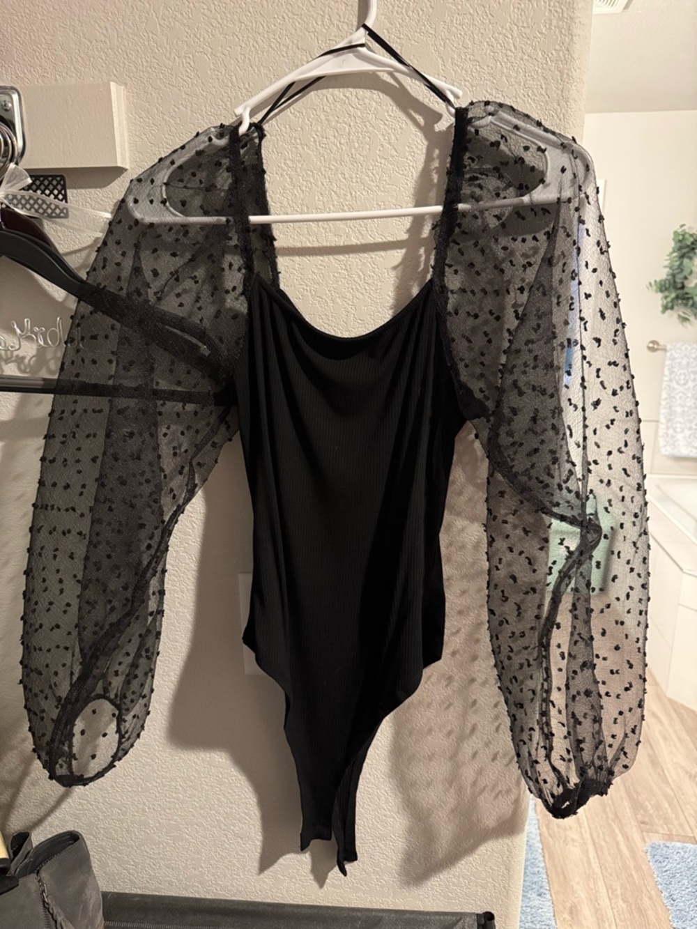 Altar'd State Black Sheer Puff Sleeve Bodysuit